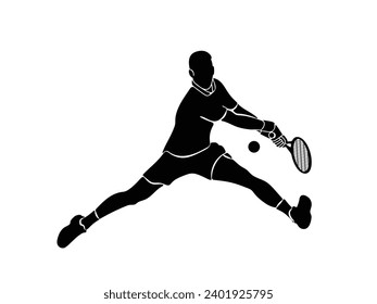 A tennis player man silhouette sports person design element. The athlete playing tennis with racket and ball. Drawing art illustration of male tennis player. Tenis player vector.