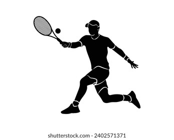 A tennis player man silhouette sports person design element. The athlete playing tennis with racket and ball. Drawing art illustration of male tennis player. Tenis player vector.