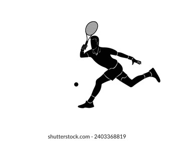 A tennis player man silhouette sports person design element. The athlete playing tennis with racket and ball. Drawing art illustration of male tennis player. Tenis player vector.