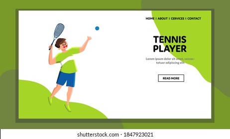 Tennis Player Man With Sportive Equipment Vector. Young Boy Tennis Player In Sportswear Hitting Ball With Racket. Character Playing Sport Activity Game Web Flat Cartoon Illustration