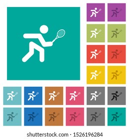 Tennis player multi colored flat icons on plain square backgrounds. Included white and darker icon variations for hover or active effects.