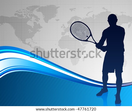Tennis Player on Abstract Blue Background with Worl Map Original Vector Illustration