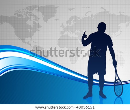 Tennis Player on Abstract Blue Background with Worl Map Original Vector Illustration