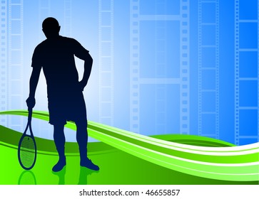 Tennis Player on Abstract Film Reel Background Original Vector Illustration