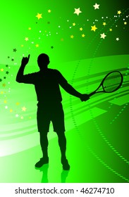 Tennis Player on Abstract Green Background Original Vector Illustration