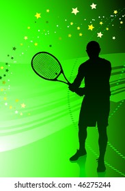 Tennis Player on Abstract Green Background Original Vector Illustration