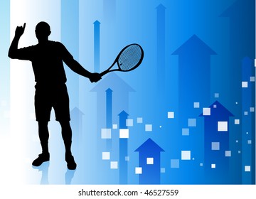 Tennis Player on Blue Background with arrows Original Vector Illustration