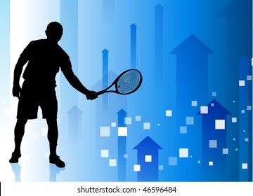 Tennis Player on Blue Background with arrows Original Vector Illustration