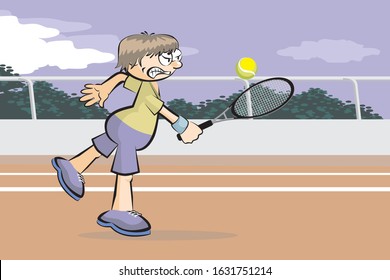 Tennis player on a clay court, hitting the ball with his racket to return it to the opposite court. Vector illustration in cartoon style, available in EPS 10.