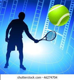 Tennis Player on Film Reel Background Original Vector Illustration