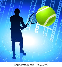 Tennis Player on Film Reel Background Original Vector Illustration