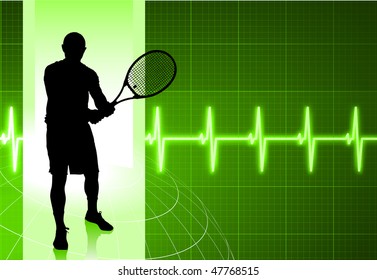 Tennis Player on Green Pulse Background Original Vector Illustration