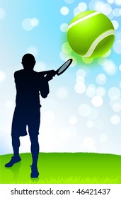 Tennis Player on Lens Flare Nature Background Original Vector Illustration