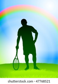 Tennis Player on Rainbow Background Original Vector Illustration