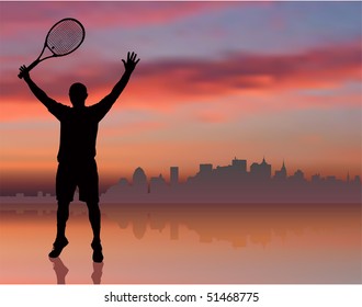 Tennis Player on Sunset Background with Skyline Original Illustration