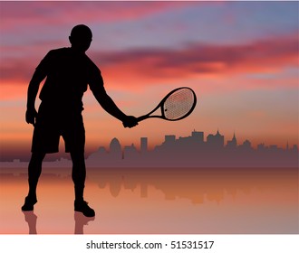 Tennis Player on Sunset Background with Skyline Original Illustration