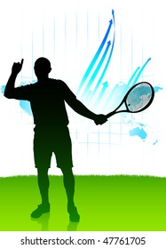 Tennis Player on World Map Background Original Vector Illustration