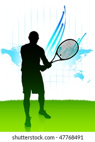 Jugador de tenis en el fondo del mapa mundial Ilustración vectorial original