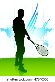 Tennis Player on World Map Background Original Vector Illustration