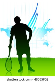 Tennis Player on World Map Background Original Vector Illustration