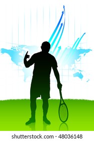 Tennis Player on World Map Background Original Vector Illustration