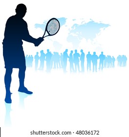 Tennis Player on World Map Background with Crowd Original Vector Illustration