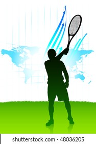 Tennis Player on World Map Background Original Vector Illustration