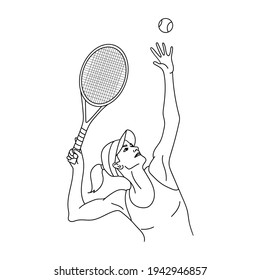 Tennisspieler umreißen Silhouette oder Skizze. Frau oder Mädchen mit Tennisschläger und Ball. Vektorgrafik.