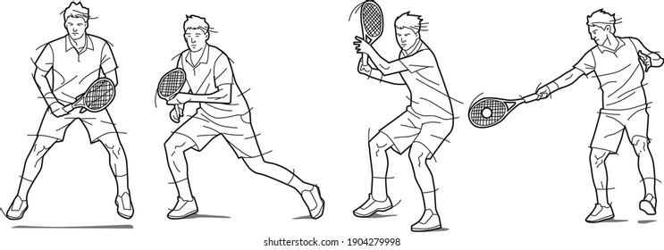 Tennis player playing in 4 action positions with line dash done in vector