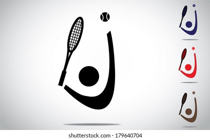 Tennis player playing by serving with racket and tossing ball. Man or Woman athlete with tennis racket & tossed ball icon symbol colorful collection set - concept design illustration white background