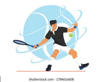 jugador de tenis jugando a la ilustración del vector de tenis. deportista de tenis balanceando raqueta de tenis para golpear la pelota