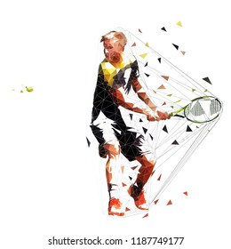 Jugador de tenis preparándose para la toma de dos manos en la parte superior, ilustración aislada de un vector polígonal