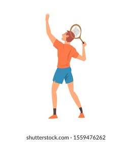 Tennis Player with Tennis Racket, Athlete Character in Uniform Taking Part in Competition, View From Behind Vector Illustration