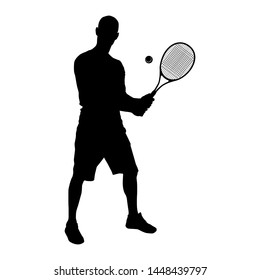 Tennis player with racket and ball black silhouette on white background, vector illustration. Basic tennis strokes.