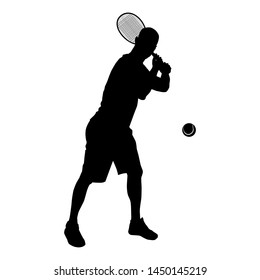 Tennis player with racket and ball black silhouette on white background, vector illustration. Basic tennis strokes.