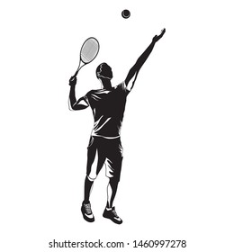 Tennis player with racket and ball black silhouette on white background, vector illustration. Basic tennis strokes.