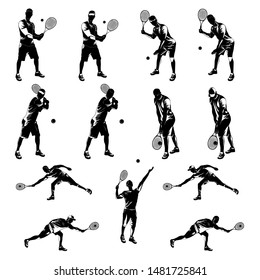 Tennis player with racket and ball black silhouette set on white background, vector illustration. Basic tennis strokes.