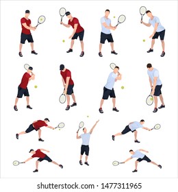 Tennis player with racket and ball set, vector flat illustration isolated on white background. Basic tennis strokes.