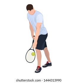 Tennis player with racket and ball, vector flat illustration isolated on white background.