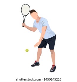 Tennis player with racket and ball, vector flat illustration isolated on white background. Basic tennis strokes.