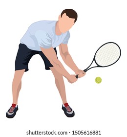 Tennis player with racket and ball, vector flat illustration isolated on white background. Basic tennis strokes.