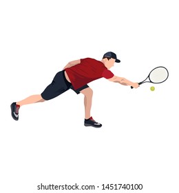 Tennis player with racket and ball wearing cap, vector flat illustration isolated on white background. Basic tennis strokes.