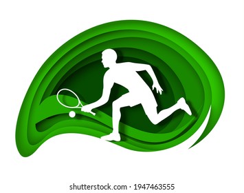 Tennisspieler mit Schläger und weißer Silhouette, Vektorgrafik im Stil der Papierkunst. Tennissportmeisterschaft.