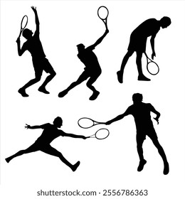 Tennis player with racket black silhouette set. Basic tennis strokes. Collection of Different Tennis Player Poses, Perfect for Logo, Design, and More.