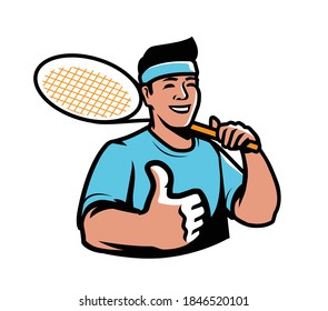 Tennis player with racket emblem. Sport symbol vector illustration