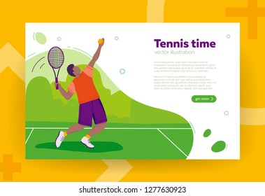 Tennis player with tennis racket, flat style vector illustration. Banner, site, poster template with copy text space. Sport concept.