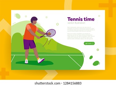 Tennis player with tennis racket, flat style vector illustration. Banner, site, poster template with copy text space. Sport concept.
