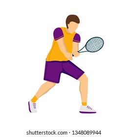 Tennis player with tennis racket, flat style vector illustration isolated on white background. Sport concept.
