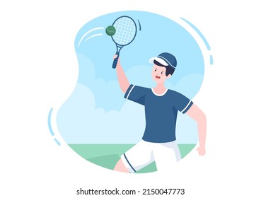 Tennis Player with Racket in Hand and Ball on Court. People doing Sports Match in Flat Cartoon Illustration