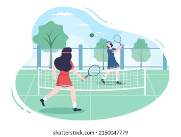 Tennis Player With Racket In Hand And Ball On Court. People Doing Sports Match In Flat Cartoon Illustration